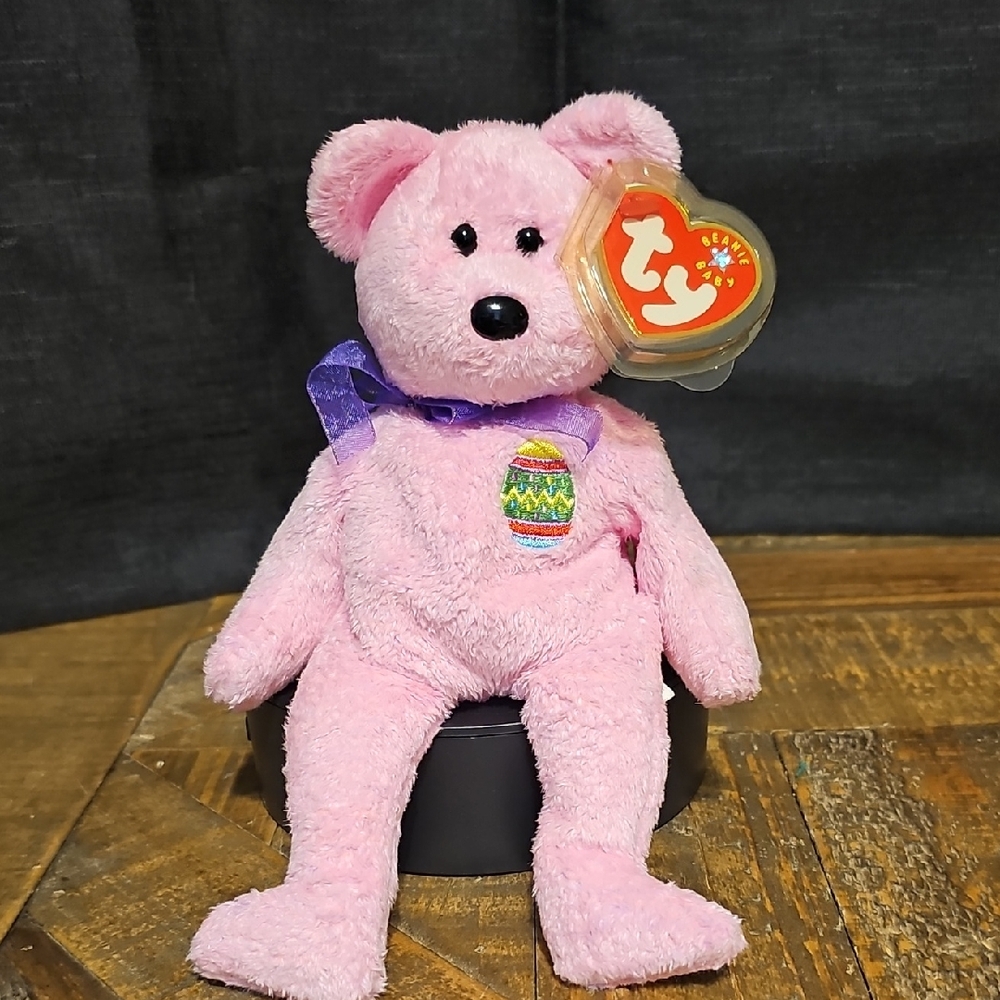 Ty "Eggs" Pink Stuffed Bear with Purple Accents- 2000